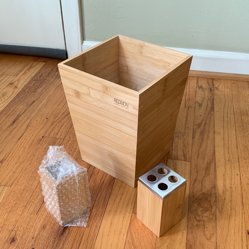 Bamboo wastebasket, toothbrush holder, wood cup | wood bathroom set